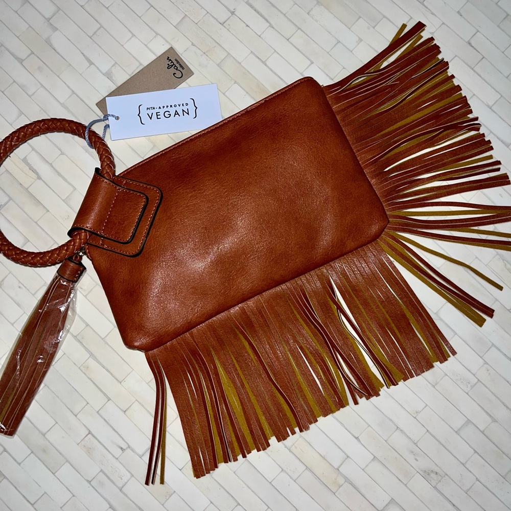 Vegan leather fringe wristlet
